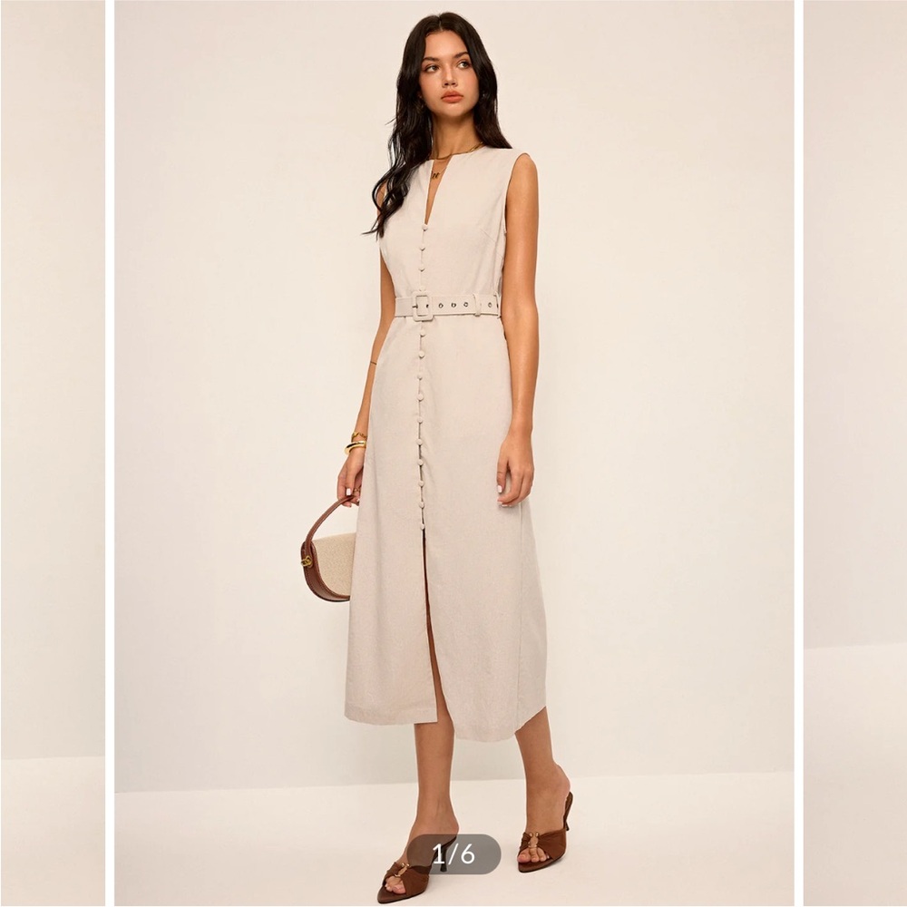 NWT Commense Cotton & Linen Blend V-Neck Belted Midi Dress size S